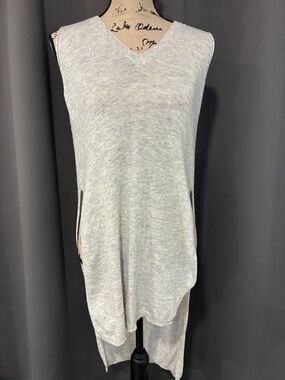 Sleeveless V-Neck Long Knit Tunic Vest - Light Gray